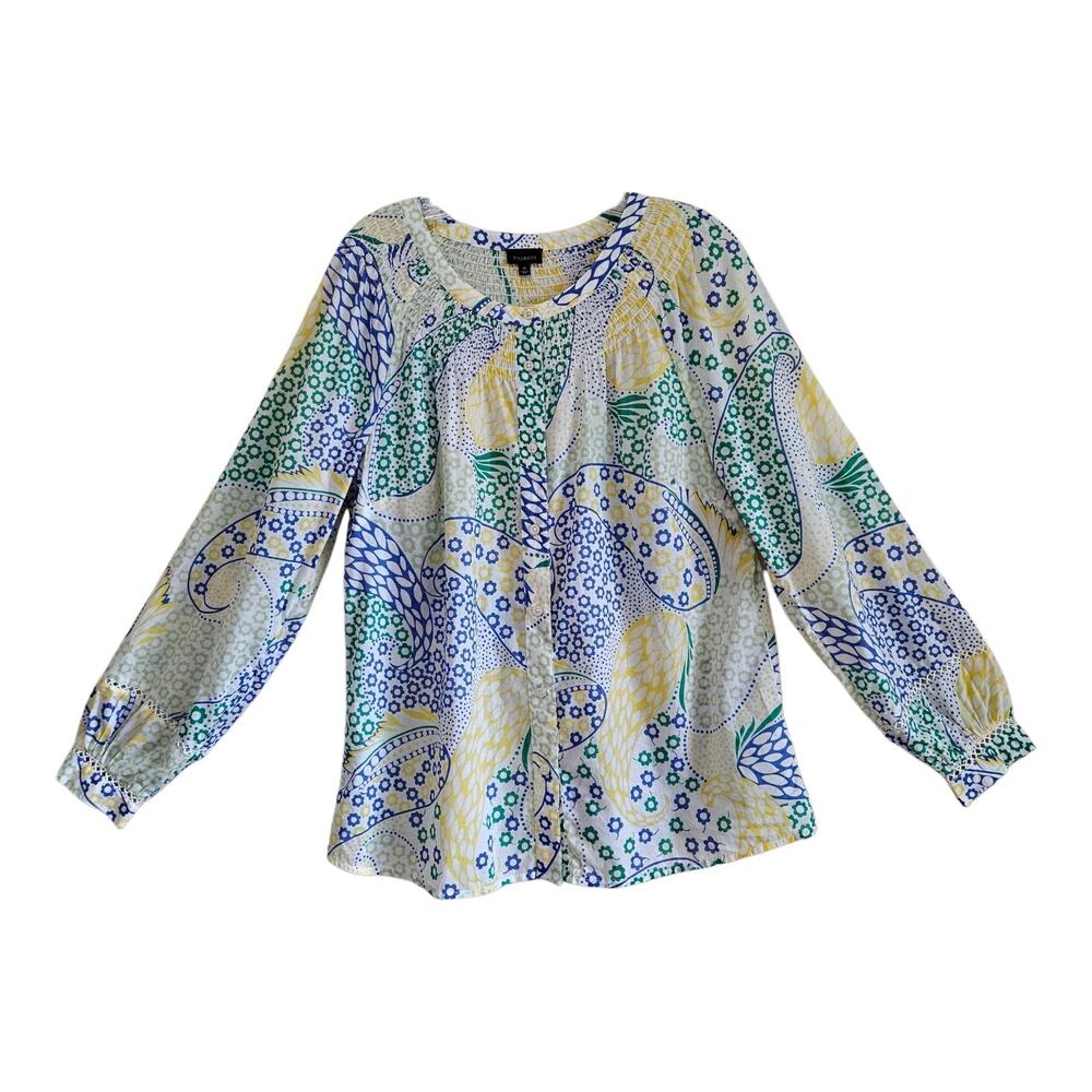 TALBOTS Women's M Peasant Blouse Smocked Button Up Crochet Accents Cotton 42"